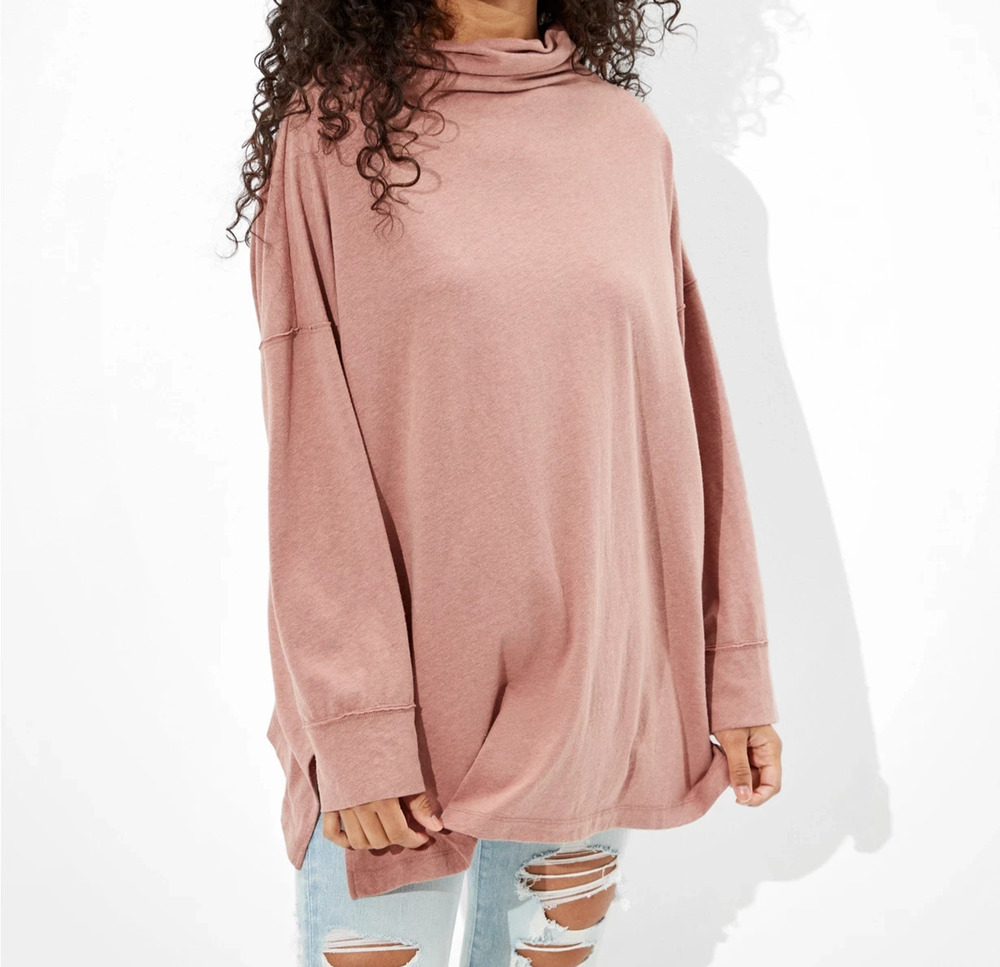 Aerie Womens Long Sleeve Mock Neck oversized T-Shirt Y2K top Medium A008485